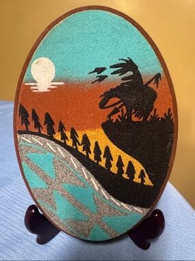 NAVAJO SAND PAINTING, "END OF THE TRAIL" SIGNED ROSE ANN YAZZIE 7.5”